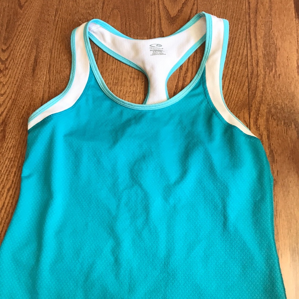 Blue and white Racerback exercise tank top.